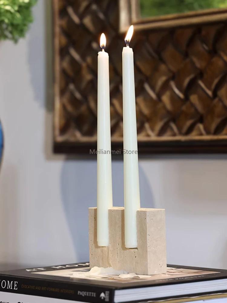 2 Holes Marble Candlestick Holder for Wedding Dinning Party Vintage Travertine Stone Taper Candle Holder for Table Centerpiece