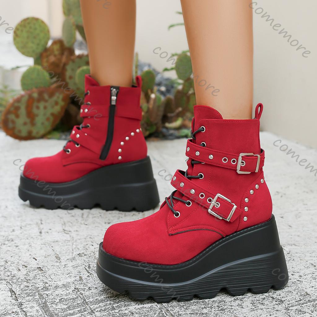 Fashion Comemore Wedges Platform Ankle Boots for Women Autumn Round Toe Lace Up High Heels Women's Shoes Gothic Punk Motorcycle Botas