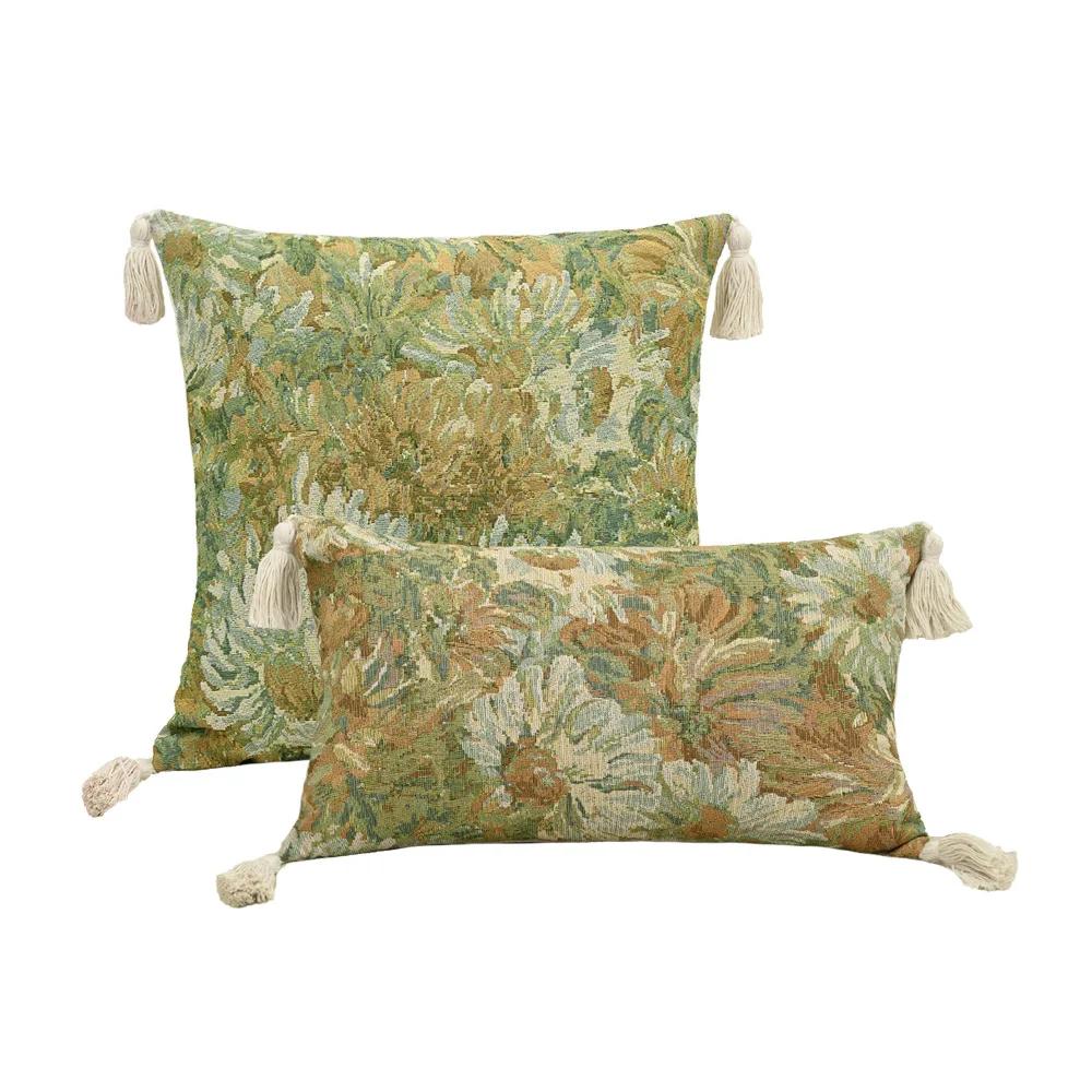 Retro European Style Cotton Linen Flower Cushion Pillowcase Living Room Sofa Backrest High Precision Jacquard Cushion Cover