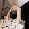 Canvas Lunch Bag with Handle Bow Print Tote Bag Casual Handbag Women Work Bento Bag Picnic Beach Large Capacity Hobo Handbag