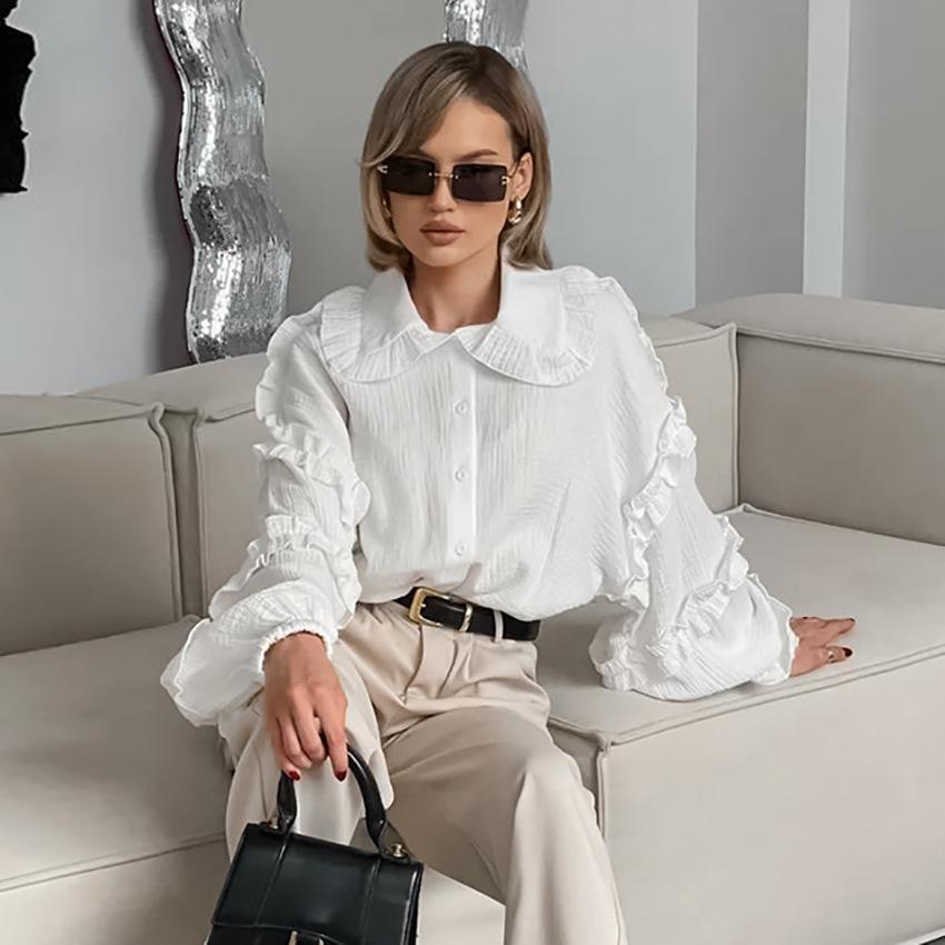 1116 Spring commuter ruffle edge doll collar shirt women's design sense loose seersucker white shirt European and American women's clothing