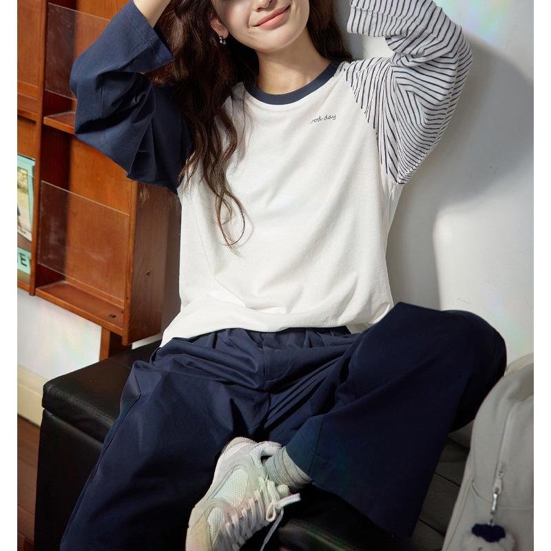 

Women s Spring Casual Embroidered Letter Long-Sleeve Blue & White Striped T-Shirt Medium океан синий