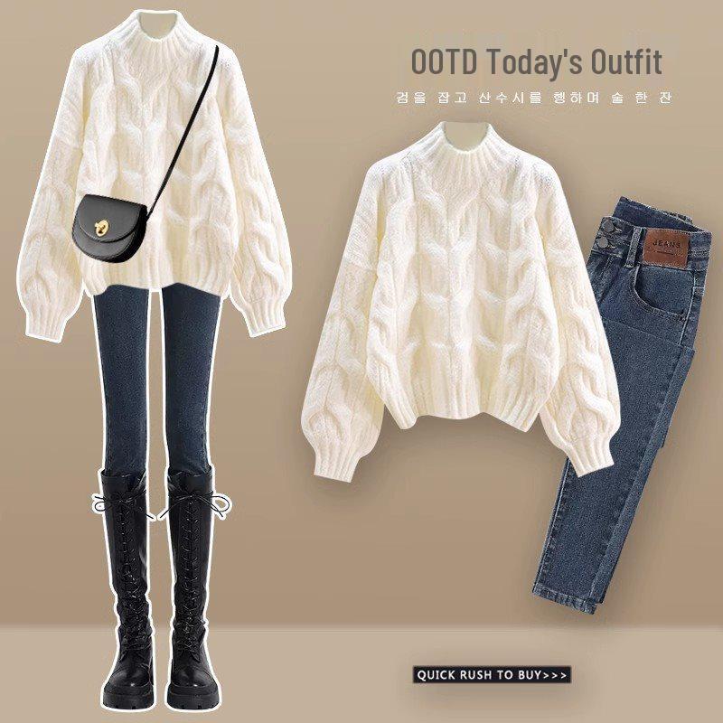 Women's Milky White Fluffy Cable Knit Sweater - Soft, Loose-Fitting, and Gentle for Spring/Summer