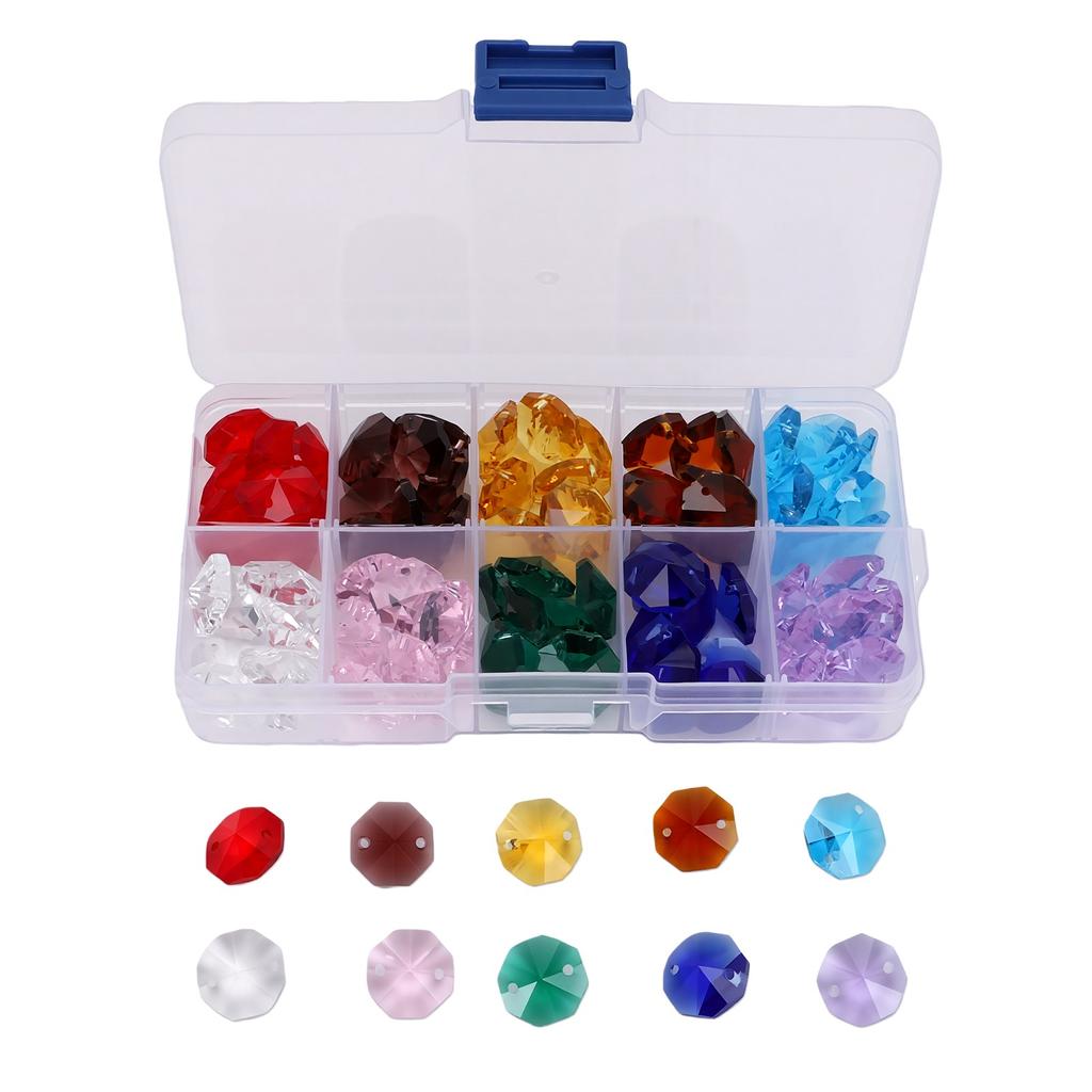 100 PCS 14mm Two Holes Crystal Octagonal Beads 10 Colors Double Cut Faceted Octagonal Glass Beads for DIY Arts Crafts