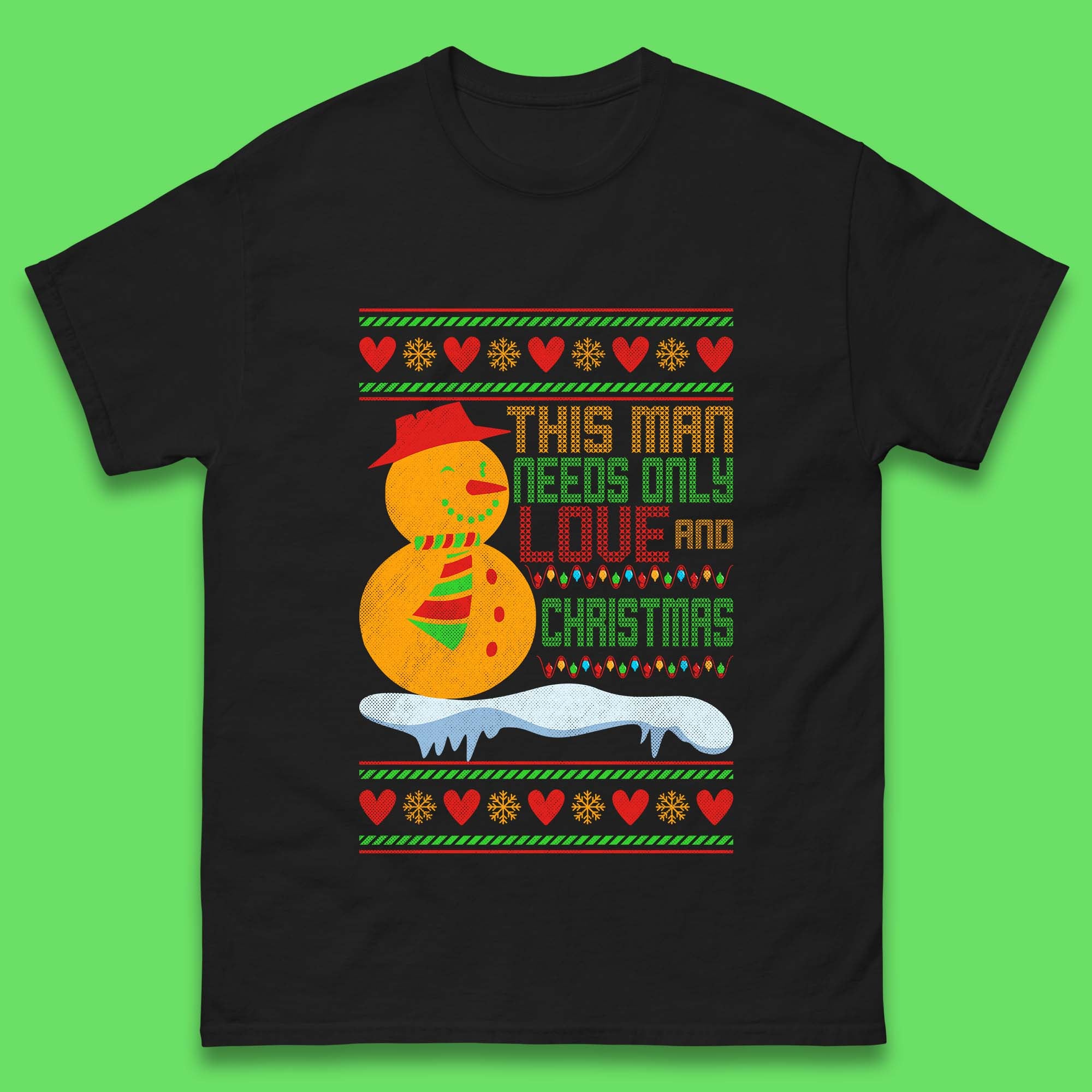 This Man Need Only Love And Christmas Snowman Mens T Shirt Womens Tops Tees S