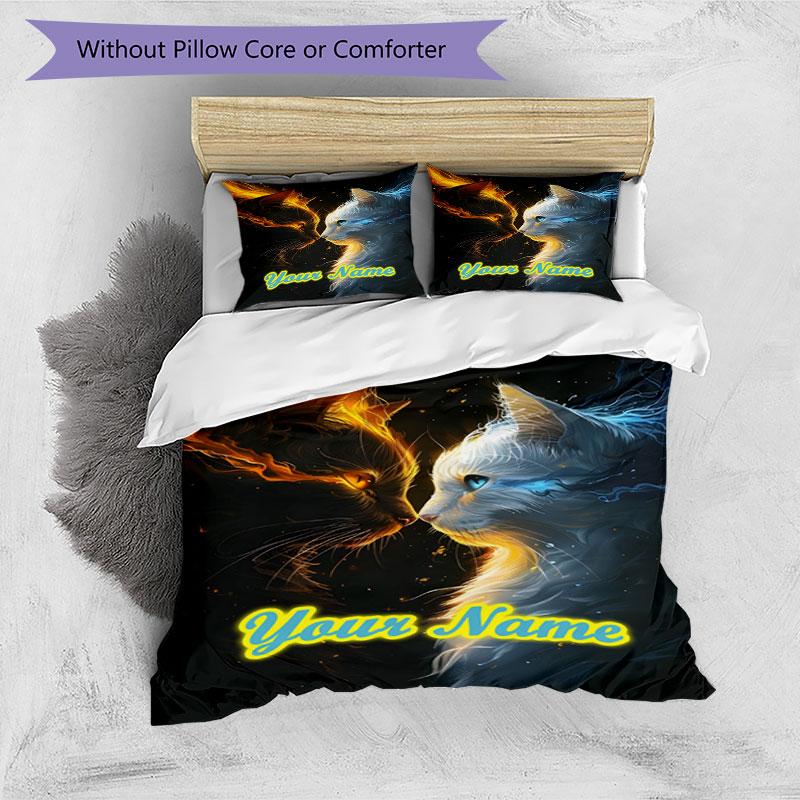 3PC Custom Name Flame Ice Cats Bedding Set Duvet Cover Closure Includes 1 Duvet Cover & 2 Pillowcases for Bedroom