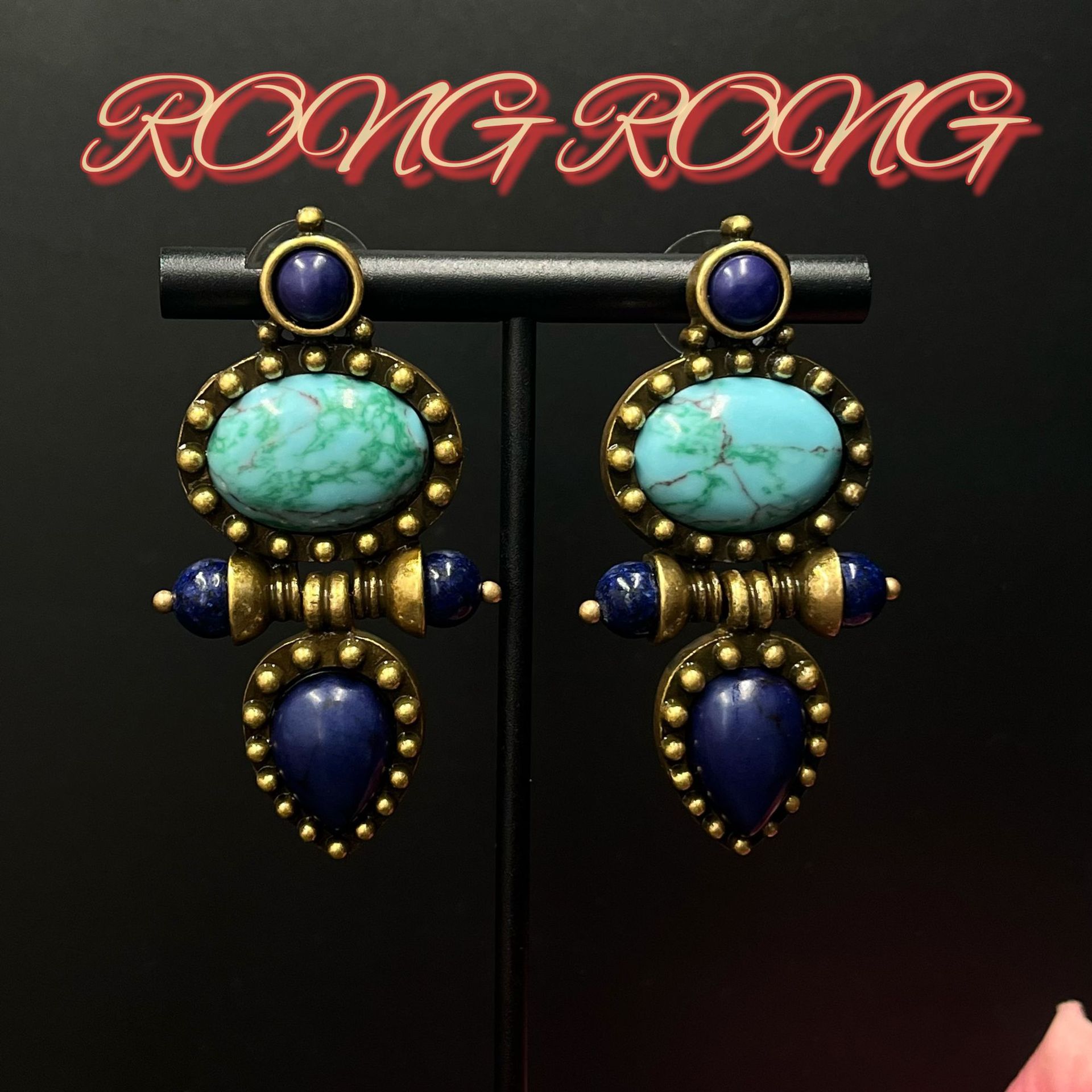 Средневековые Винтажные Украшения Бирюзово-Синие Узорчатые Натуральный Камень Подвески Серьги Западные Преувеличенные