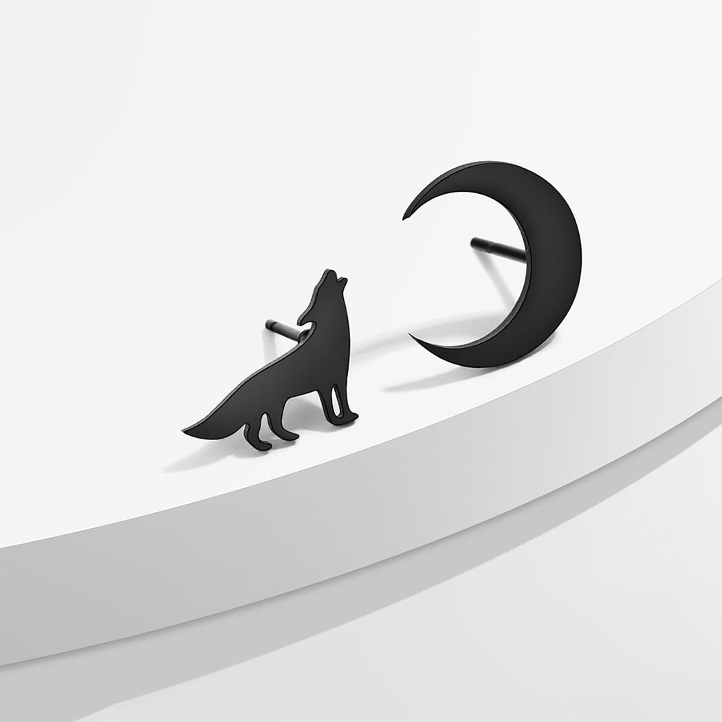 

Kinitial Laser Carved Fashion Stainless Steel Asymmetric Wolf and Crescent Moon Earrings New Year Fashion Commemorative Gift чорний