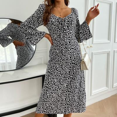Damen Vintage Blumendruck Sommer Frühling Langarm V-Ausschnitt Hohe Taille Freizeitkleider