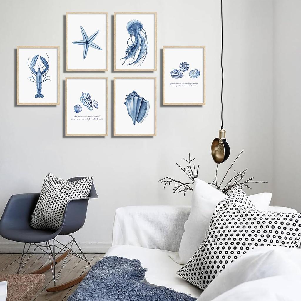 6 Pcs Blue Coastal Wall Art Watercolor Starfish Conch Jellyfish lobster Painting Cute Sea Life Poster Print for Modern Waterfront Themed Home