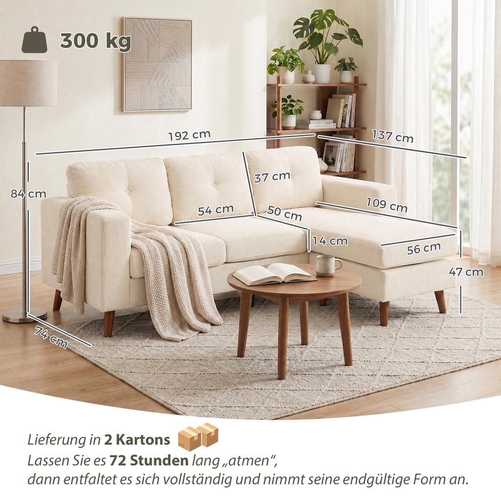 Corner Sofa 192 Cm L-Shape 3-Seater Sofa with Reversible Chaise Longue, Corduroy Look, for Small Spaces, Cream White