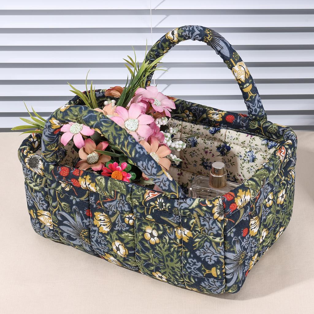 Collapsible Floral Laundry Hamper with Handles Pastoral Style Fabric Storage Basket for Small Apartment Dormitory Closet