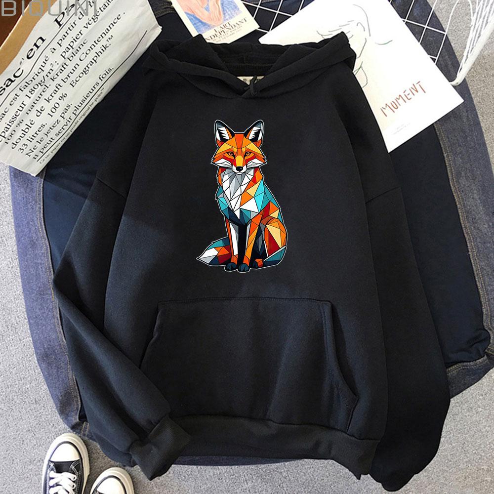 Rainbow Fox Printed Hoodie Cartoon Print Velvet Casual Long Sleeved Sweatshirt Men Women Clothing Moletom Fashionable Clothing