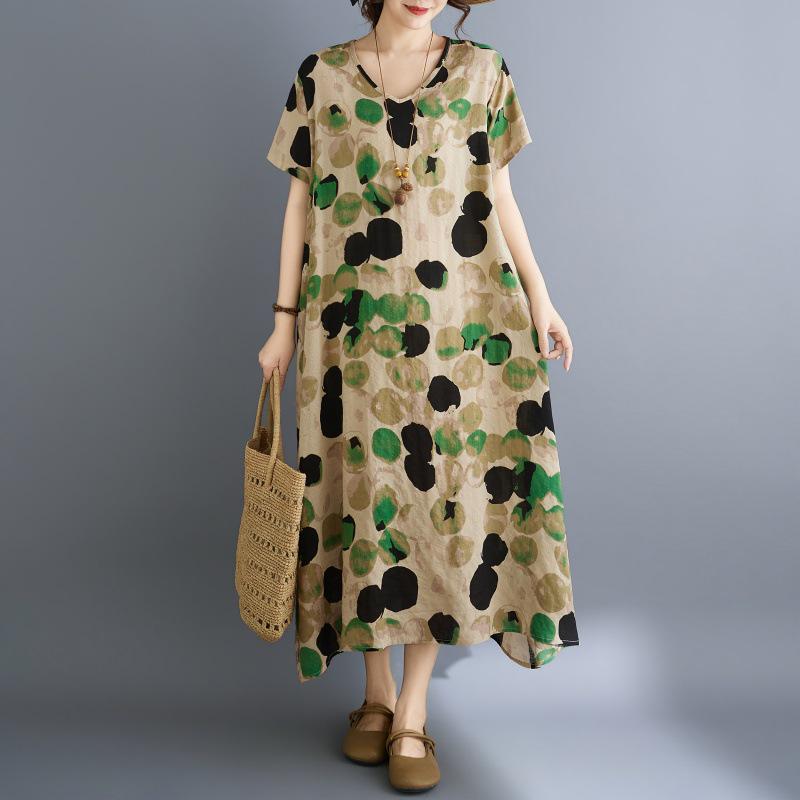 2026 Summer Polka Dot V-Neck Retro Irregular Long Cotton Linen Resort Dress Plus Size Free Size