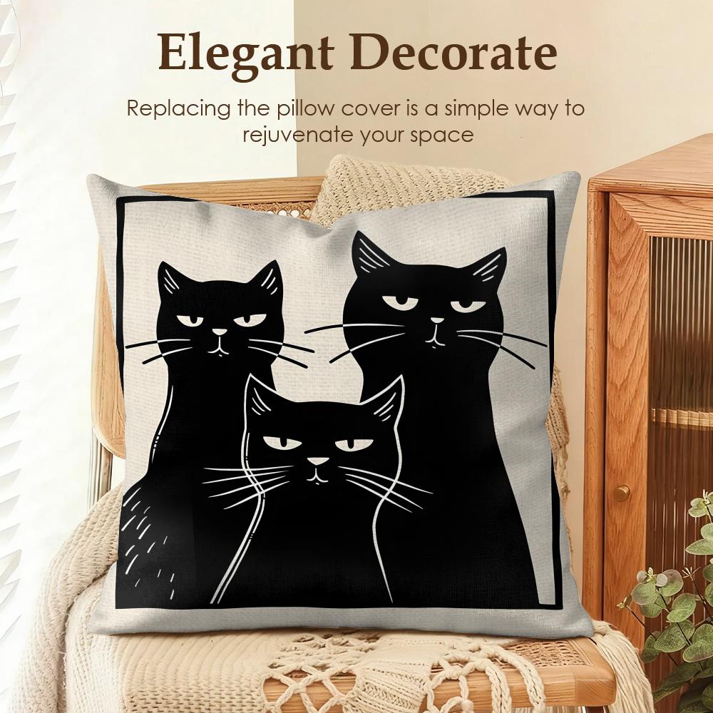 Fashion Art Line Cat Cushion Cover Natural Linen Organic Fabric DoubleSided Printing Sofa Home Decor Gift Pillow Case