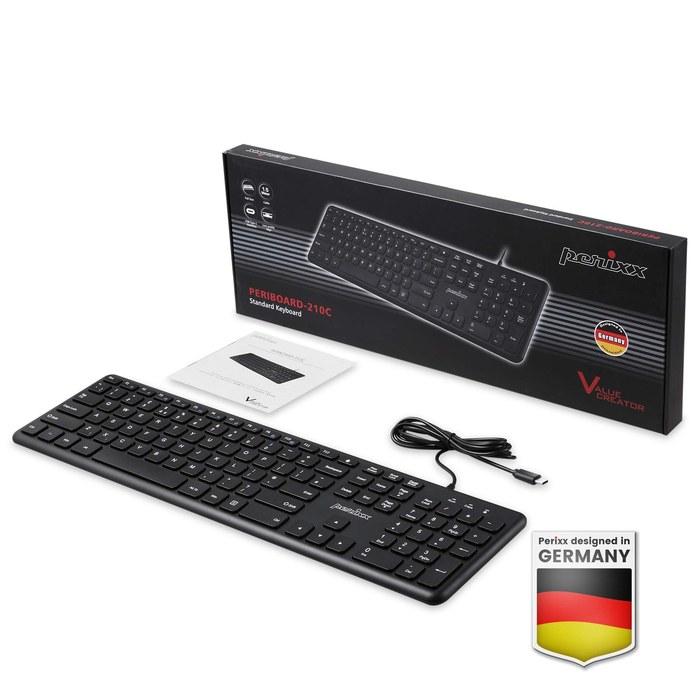Perixx PERIBOARD-210 Wired Keyboard, Full Size, Slim, Quiet, English Layout, Black (Type-C)