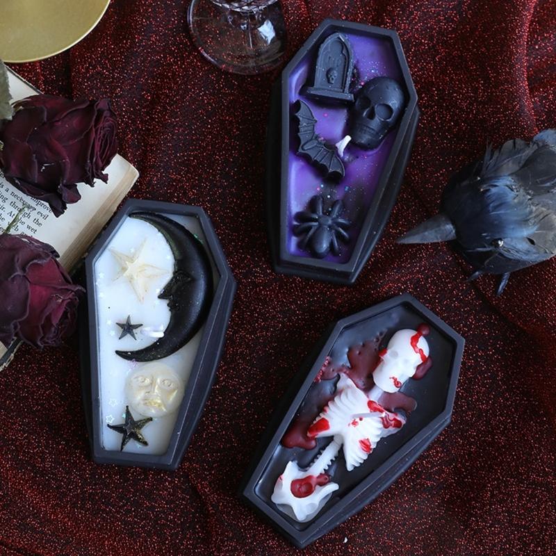 Svíčka do rakve s rostlinnou směsí a detailem náhrobku s lebkou Dlouhá doba hoření Ideální pro halloweenské řemesla a dárky