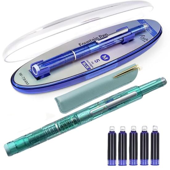 Fountain Pen Retractable 0.38mm Blue Ink Transparent Barrel Fine Nib Fountain Pen