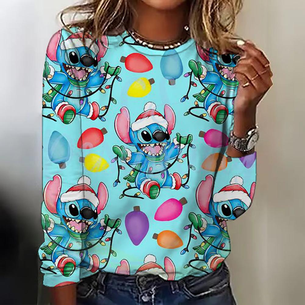 New women's round neck T-shirt long sleeved top Disney Christmas Stitch print fashionable and trendy women's T-shirt top for aut