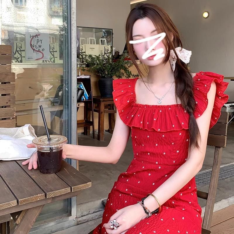Xiaofei sleeve French polka dot red suspender dress children's summer new seaside vacation beautiful long dress