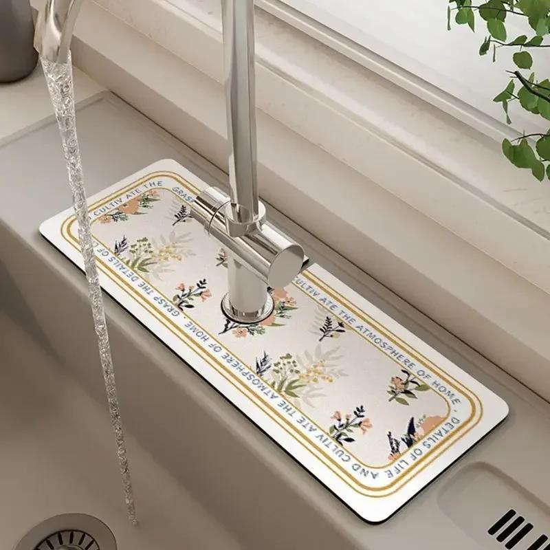 Faucet Drain Pad Retro Self-priming Kitchen Countertop Drain Mat Diatom Mud Wipeable Anti-slip Mat Absorbent Dish Drying Mat