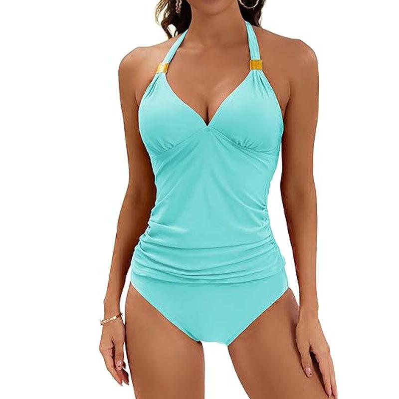 2026 Women's Solid Color Halter Neck Lace-Up Two-Piece Bikini Set
