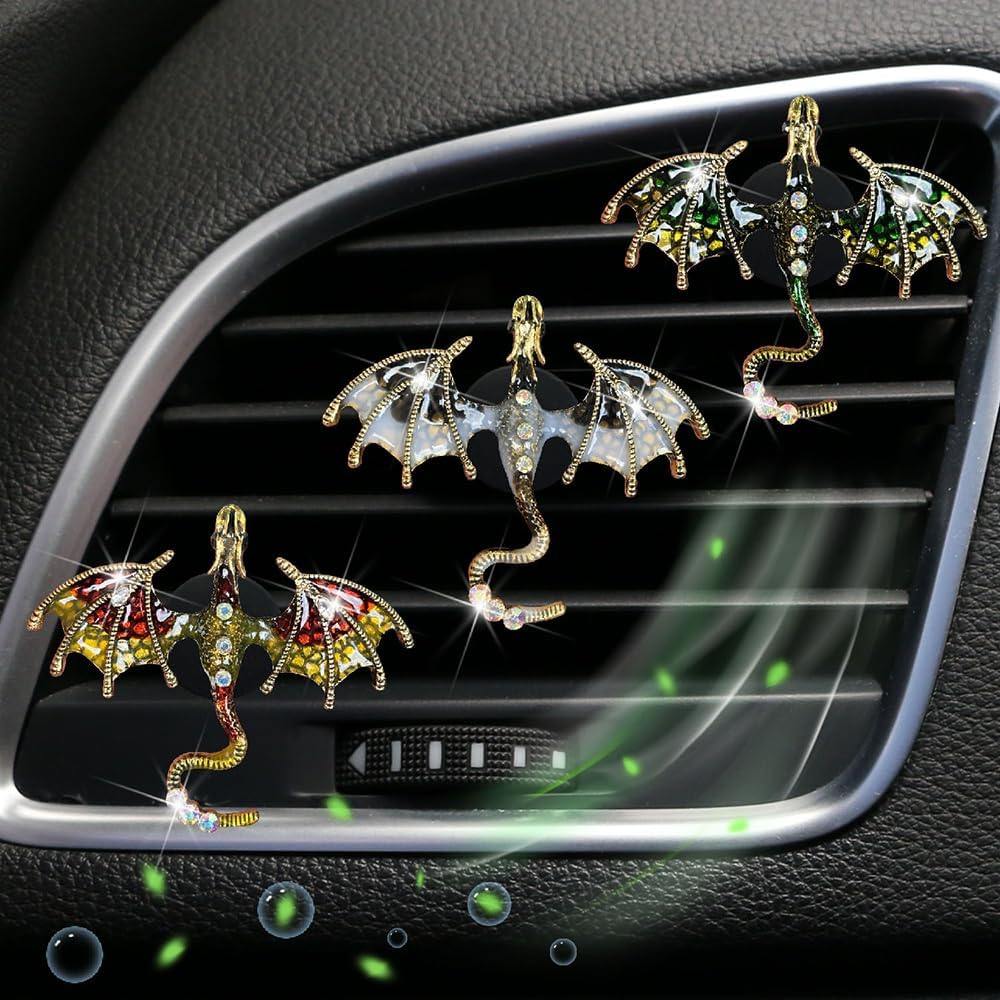 4Pcs Bling Dragon Air Vent Clips Car Air Freshener Car Accessories Enamel Fire Dragon Wyvern Vent Clips Refillable Auto Essential Oil Outlet Gothic