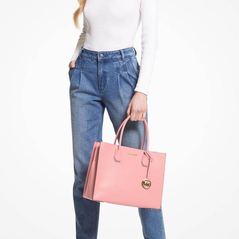 Michael Kors MK Mercer Metallic Logo Zipper Leather Shoulder Tote Bag Large Women Bags Nude-Pink 35T2GM9S3L-648