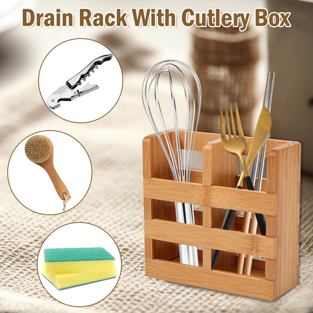 Bamboo Dish Drainer Drying Rack with Utensil Box 20 Slots Double Layer Bowl and Dish Holder Collapsible Dish Plate Storage Rack