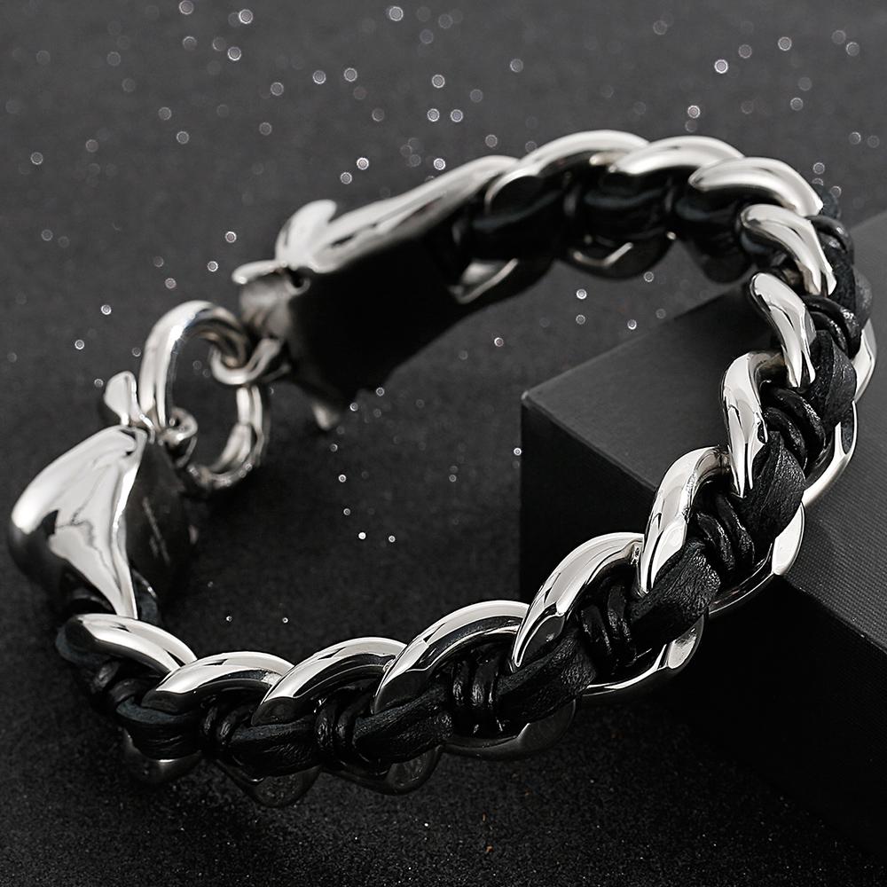 Cool Men's Braided Genuine Leather Skull Bracelet for Men Gothic Cast 316l Stainless Steel Wristband Punk Biker Bracelet Jewelry