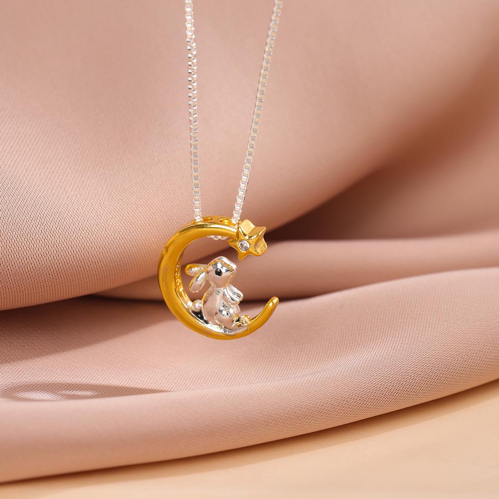 Moon And Star Rabbit Zodiac 925 Sterling Silver Clavicle Chain Pendant Necklaces