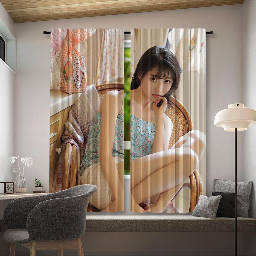 2 Pieces of Pure and Innocent Beauty Model Printed Curtains, Pole Bag Home Decoration, Room Decoration