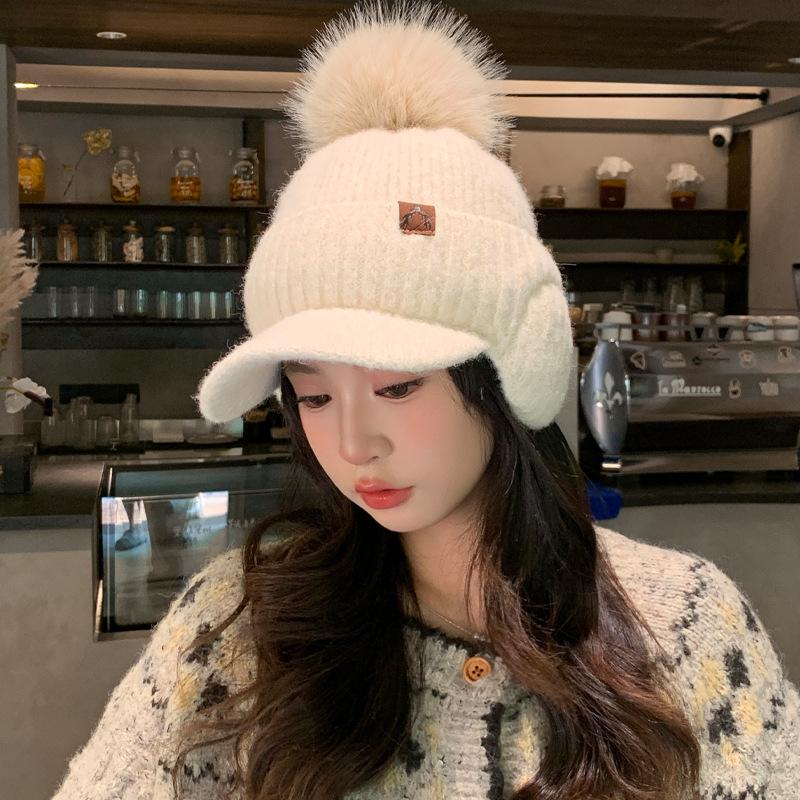 

Versatile Leather Label Plus Velvet Thickened Wool Hat Outdoor Cold Protection Hat Korean Casual Face Showing Hat for Women One Size