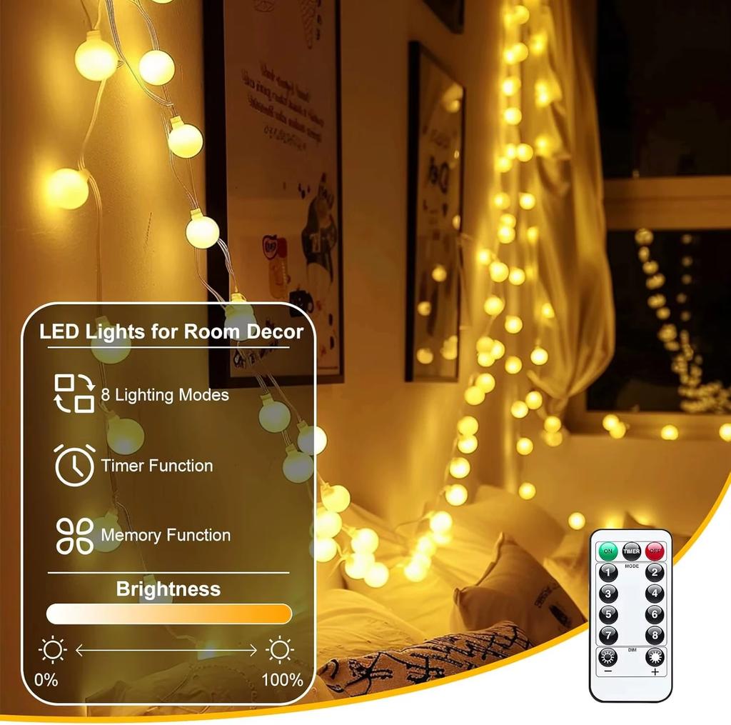6/10M USB Warm White LED Ball String Lights with Remote Control Fairy Garland for Indoor Outdoor Garden Wedding Christmas Decor