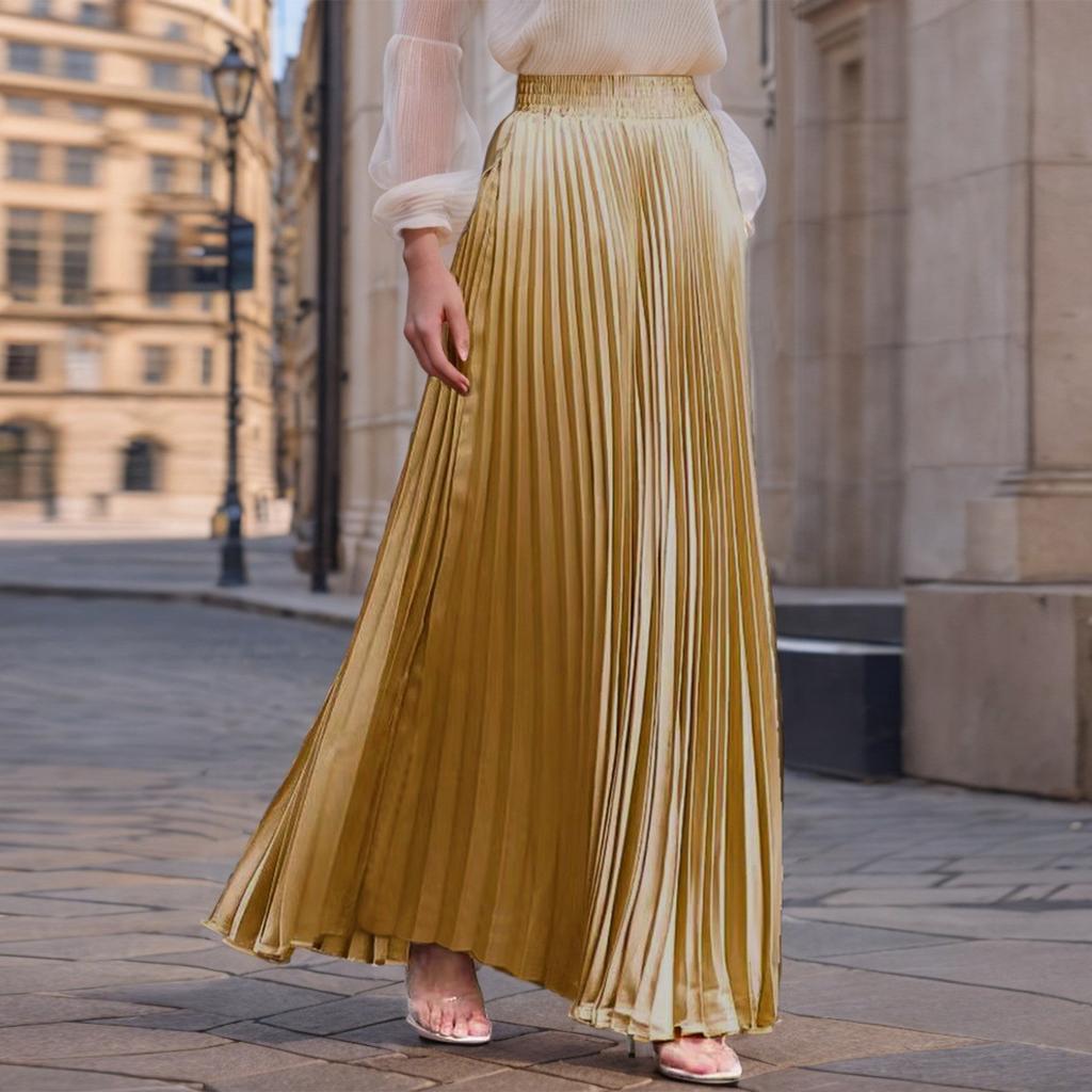 Lässiger, plissierter, einfarbiger Halbrock für Damen, plissierter A-Linien-Rock, großer, schwingender, bodenlanger Rock