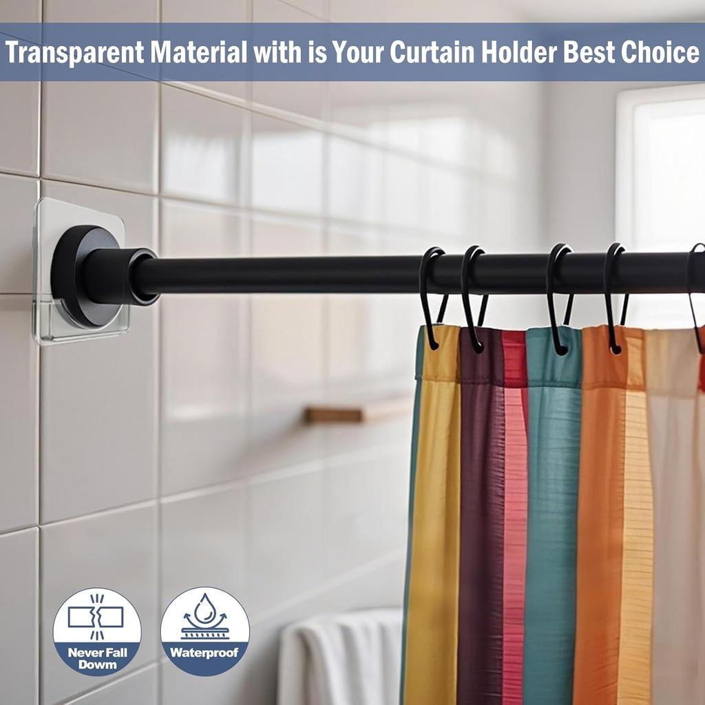 Clear Shower Curtain Rod Holder, Adhesive Shower Rod Holder for Wall, Large Heavy Duty Tension Rod Holder for Tile, No Drilling, 2 Pack