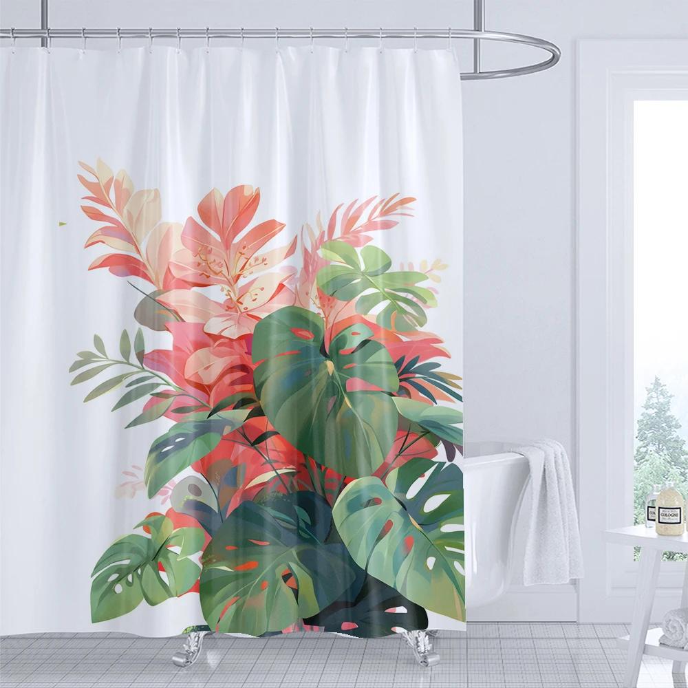 Plant Leaf Flowers Shower Curtain Printed Modern Nordic Minimalist Floral Polyster Home Decor Bathroom Curtain with Hooks