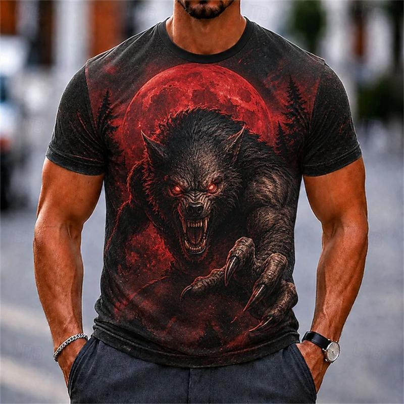 Men's Summer 3D-Printed Round-Neck Short-Sleeve T-Shirt with Tear-Art Pumpkin Scarecrow Beer and Halloween Horror Theme
