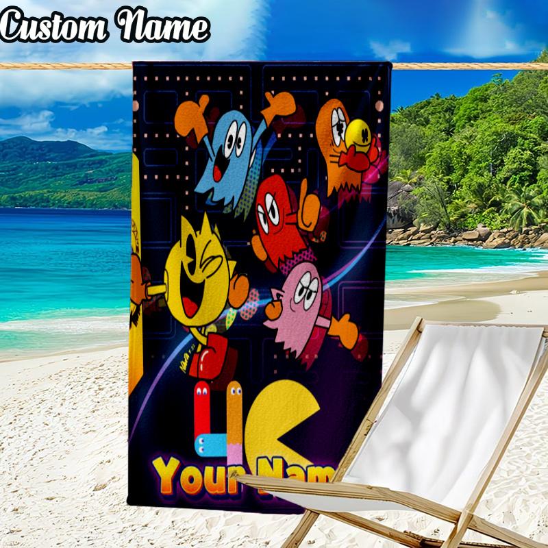 Custom Name Pac Game Beach Towel - Soft, Ultra-Absorbent Microfiber, Lightweight, Perfect for Beach, Parties, Travel, Camping