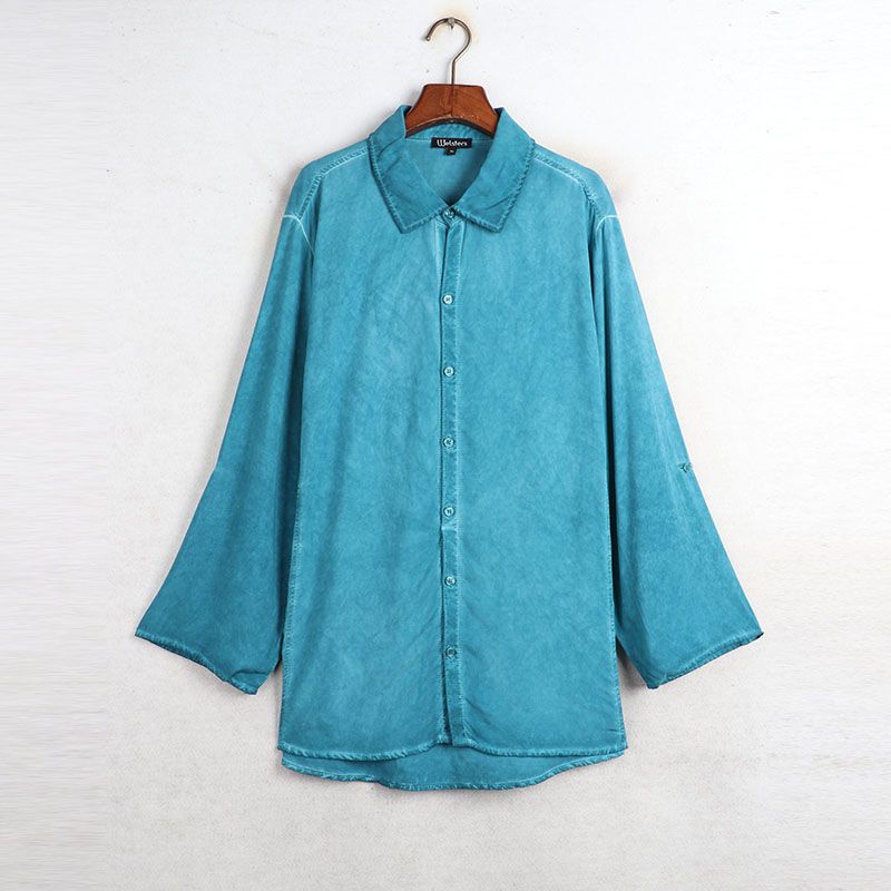 

Fall Sunshine House New Arrival Export Fashion Rayon Plus Size Women s Lapel 3/4 Sleeve Shirt Summer Sunscreen Clothes Lake Blue Bust size 120