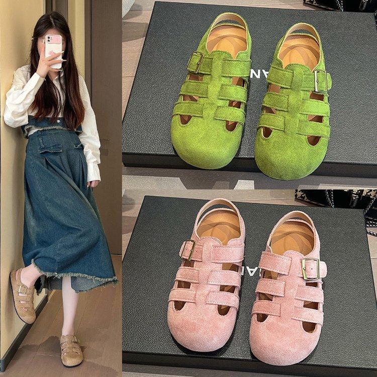Spring and Autumn Korean Version of Fish Bone Casual Hollow Breathable Bag Head Boken Shoes Retro Lazy Pedal Roman Cool Slippers Women