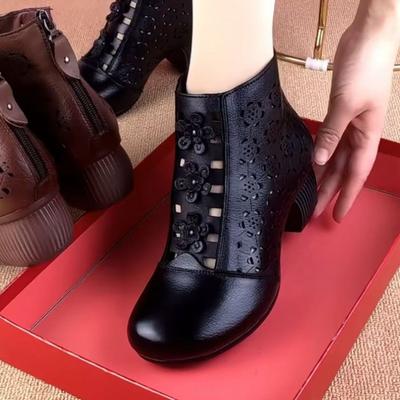 Medium Heel Mother Shoes Hollow Retro Ethnic Style Thick Heel Short Boots Soft Sole Velvet Martin Boots