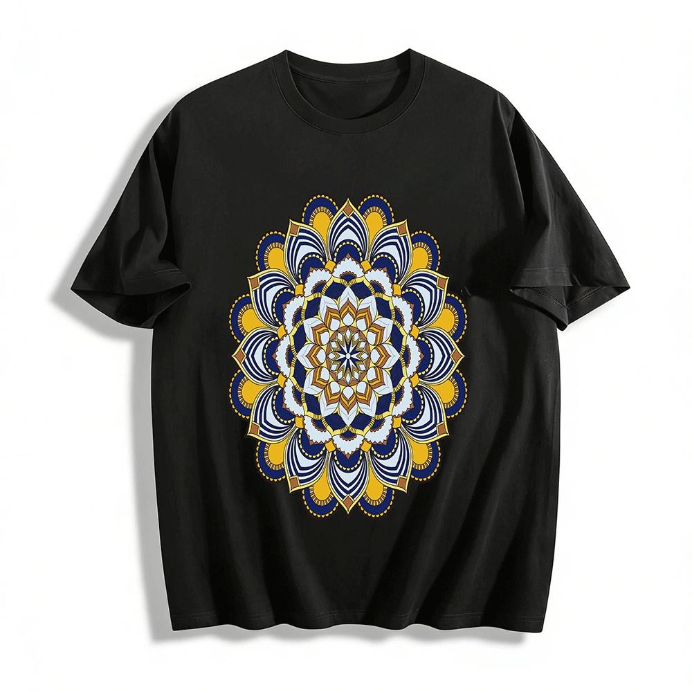 Vintage Mandala Print Casual Top Ethnic Art Loose Versatile T-Shirt Pure cotton T-shirt