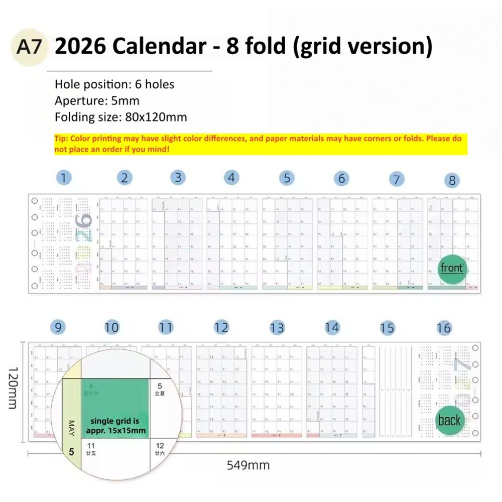Calendario 2026 A6 A7 A8 M5 Anual Mensual Planificador de Calendario Páginas Interiores Hojas Sueltas Núcleo de Repuesto Recambios Papel Manual de Bricolaje