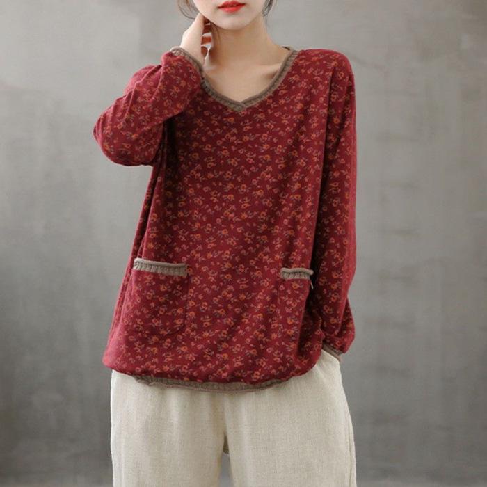 

2025 Spring Plus Size Retro Floral Collar Long Sleeve Cotton Linen T-shirt for Women - Versatile Loose Fit Pullover for Moms. L 95-110 kg красный