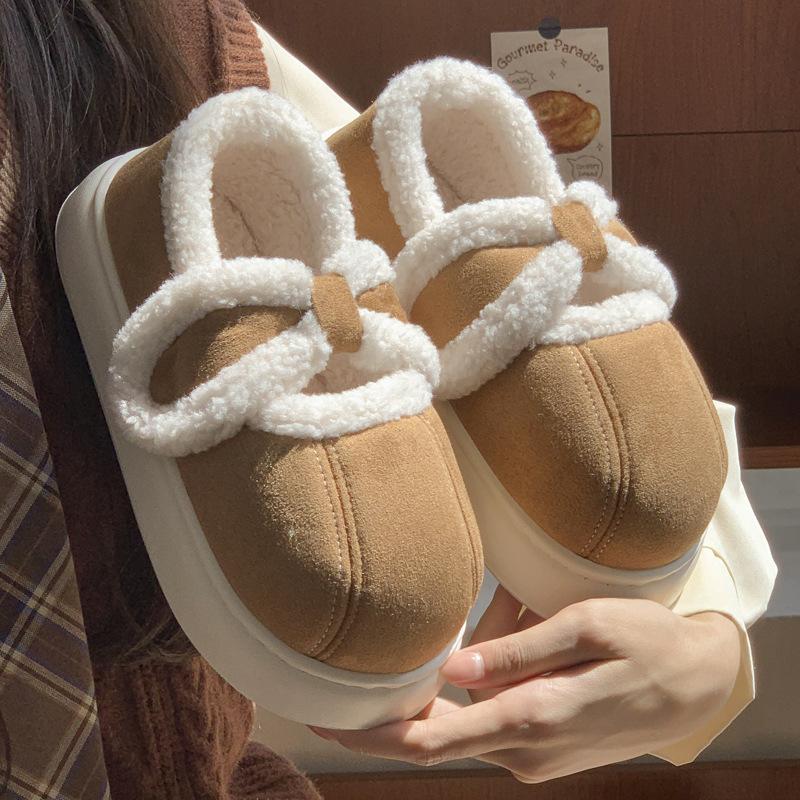 Fashion Autumn Winter Suede Warm Cotton Slippers Women Soft Plush Platform Shoes Thick Sole Couples Outdoor Flat Shoes