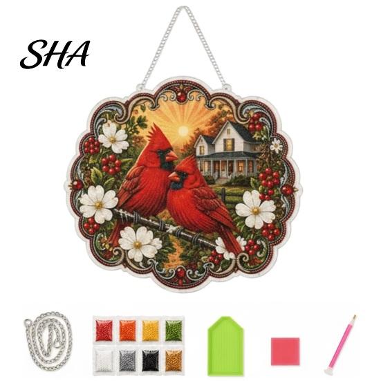 Pre-printed Diamond Canvas Cardinals & Sunrise Painting DIY Craft Kit, Acrylic Diamonds Hanging Decoration with For Adults Pre-Printed Pattern A