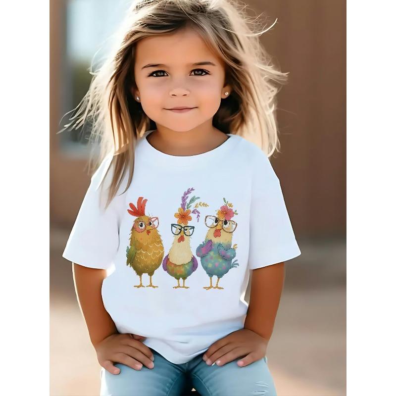 Girls Crewneck T-Shirt, Cute Little Chick Fun Graphic Print 110 белый