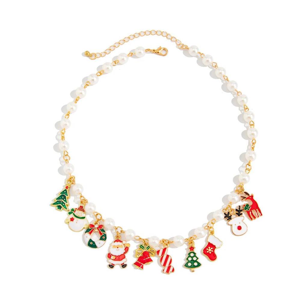 Salircon Christmas Tree Santa Claus Snowman Bell Pendant Necklace for Women Creative Metal Clavicle Choker Party New Year Gift