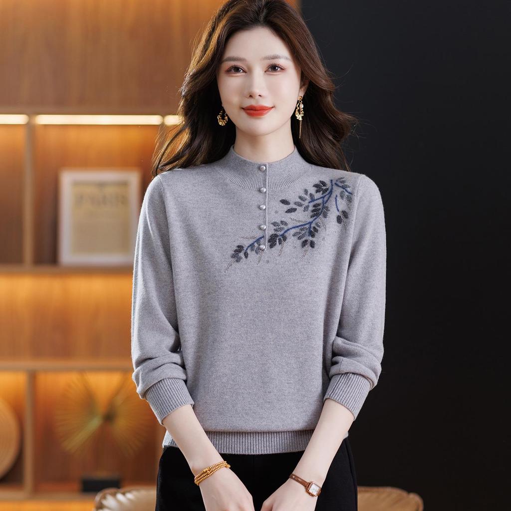 Women's Plus Size Pure Wool Embroidered Sweater - Autumn/Winter Base Layer with Half-high Collar, Perfect for Middle-aged and Elderly Moms.